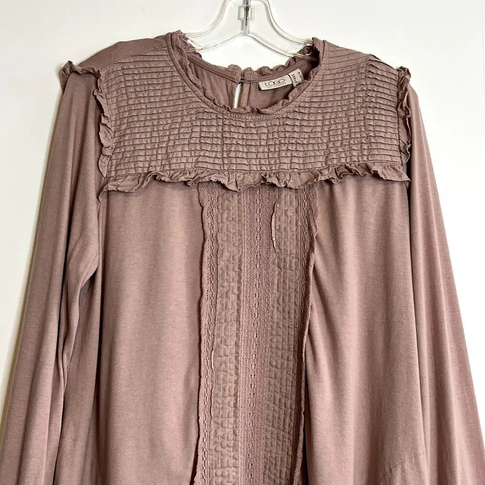 LOGO by Lori Goldstein Cotton Modal Top with Swiss Dot Details Mauve Womens Med - Picture 3 of 13